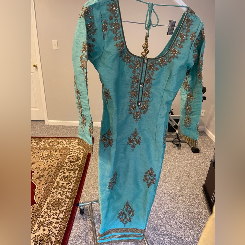 Women’s Embroidered Turquoise Palazzo Pants Set